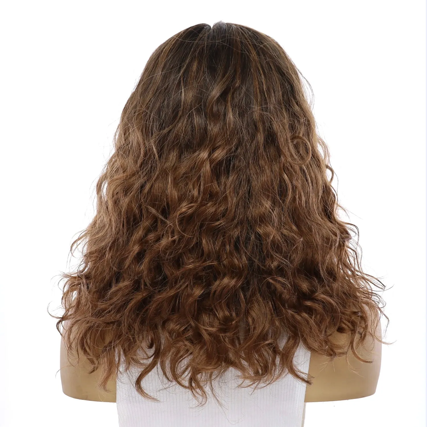 16" Ponytail Silk Part Wig Dark Brown Ombre Wavy