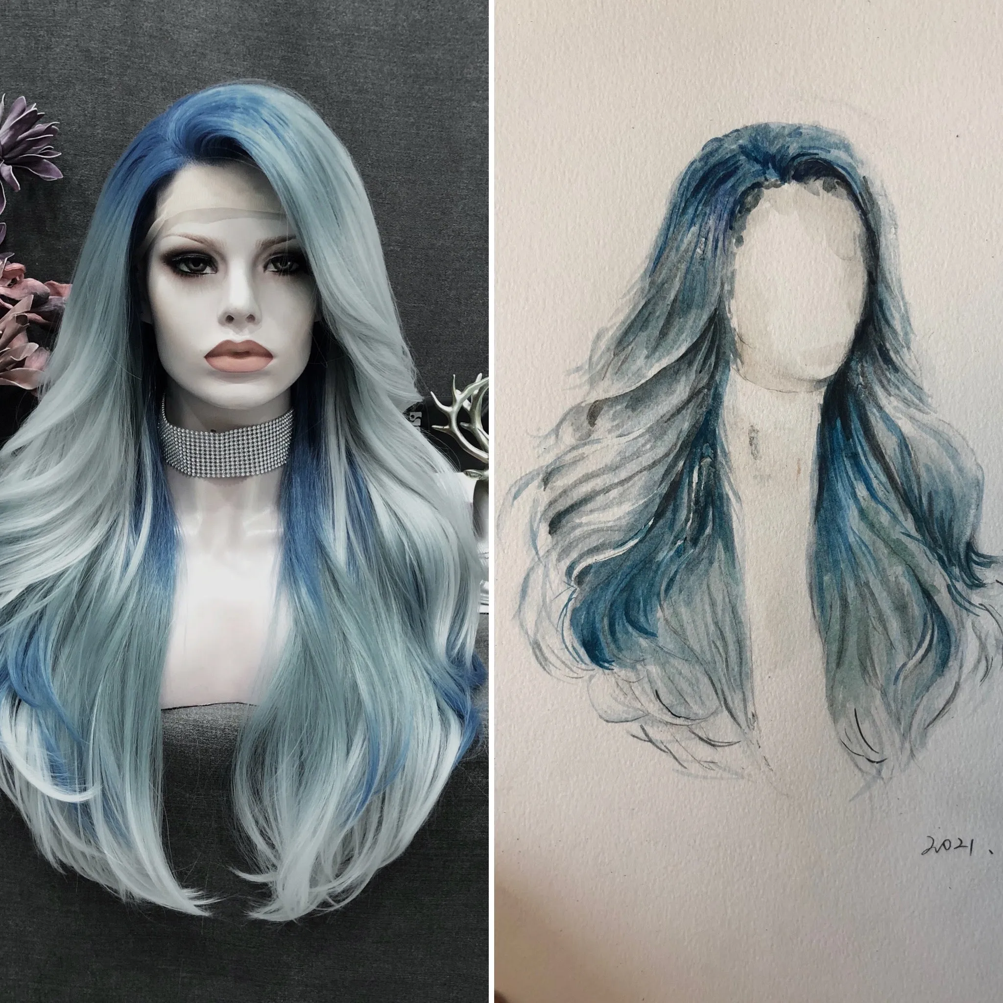 Acionna - Sky And Pastel Blue Ombre Long Loose Wave Synthetic Lace Front Wig