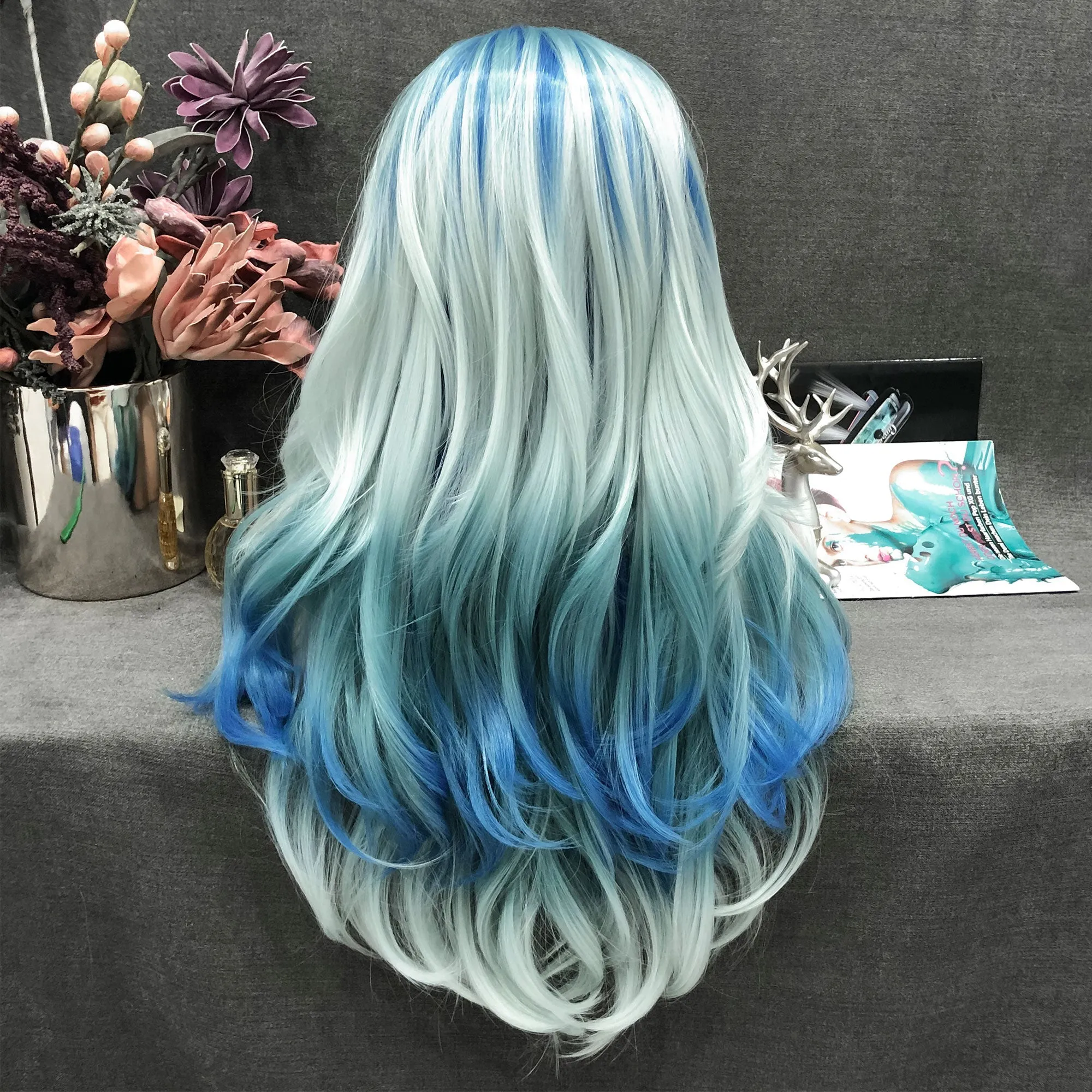 Acionna - Sky And Pastel Blue Ombre Long Loose Wave Synthetic Lace Front Wig