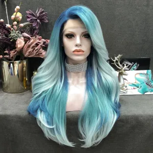 Acionna - Sky And Pastel Blue Ombre Long Loose Wave Synthetic Lace Front Wig
