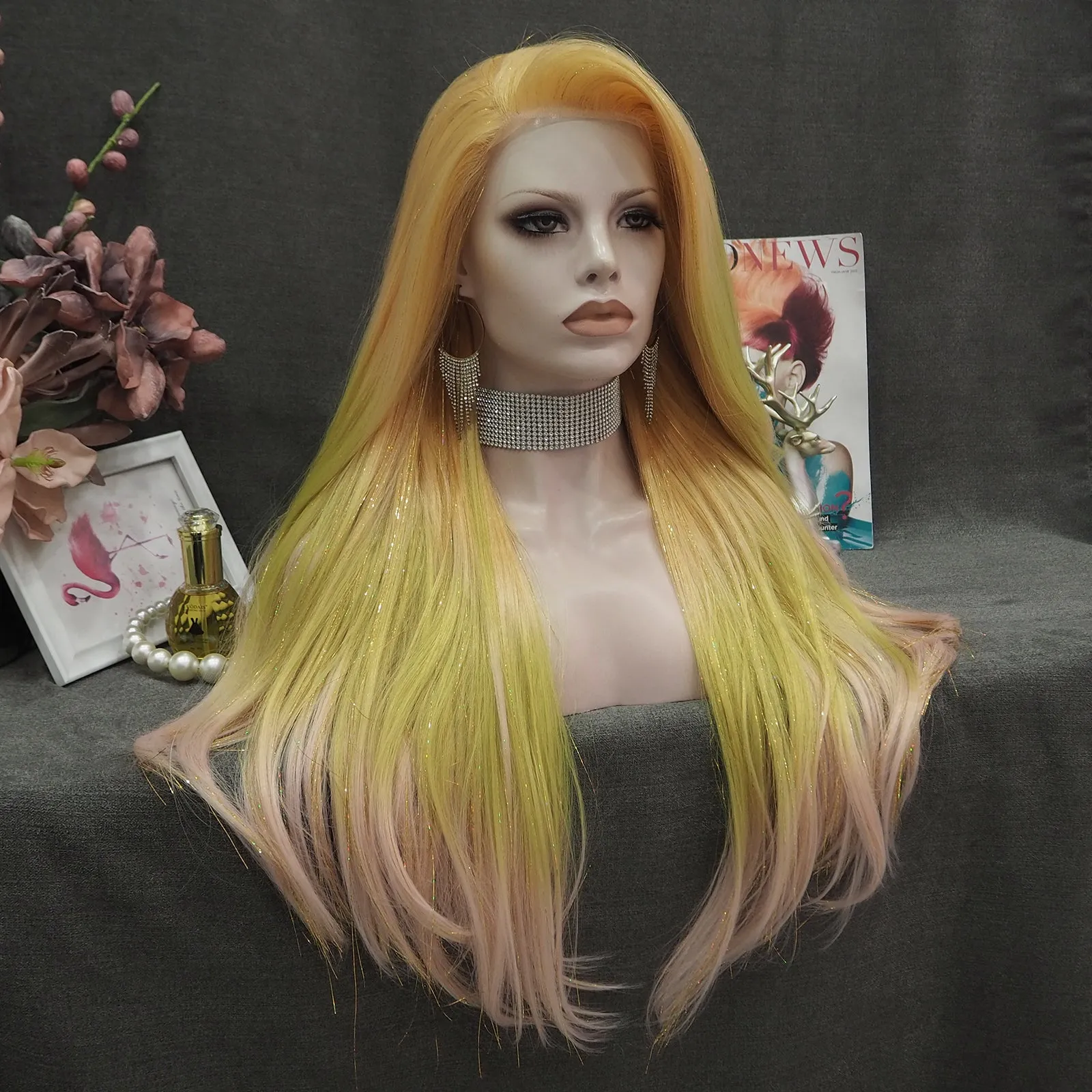 Arianna - Blonde to Light Green Pink Ombre with Tinsel  Long straight Synthetic Lace Front Wig