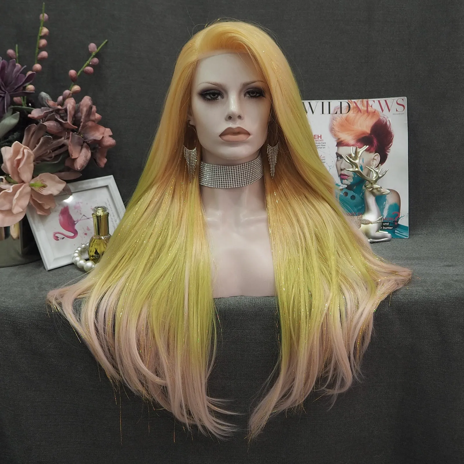 Arianna - Blonde to Light Green Pink Ombre with Tinsel  Long straight Synthetic Lace Front Wig