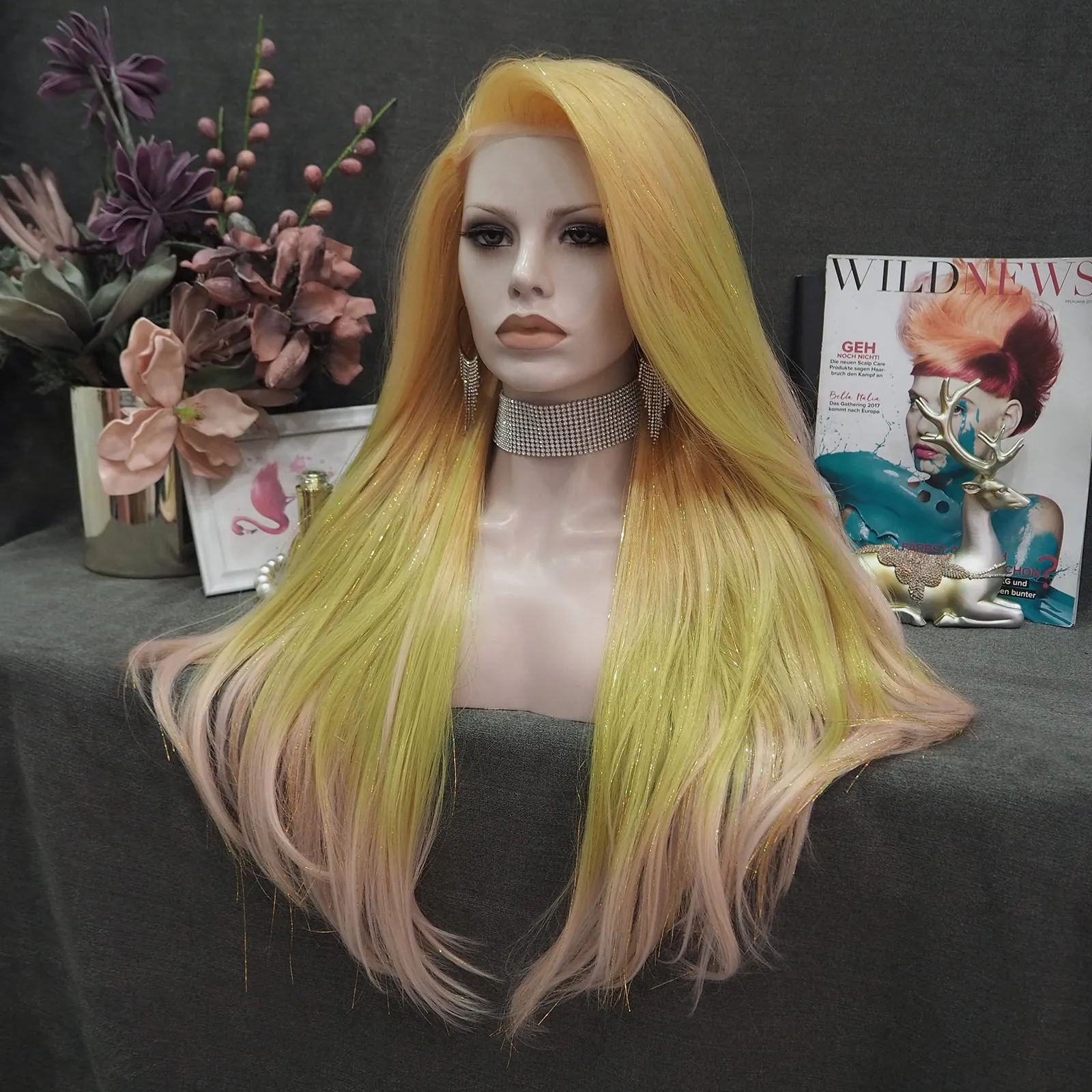 Arianna - Blonde to Light Green Pink Ombre with Tinsel  Long straight Synthetic Lace Front Wig