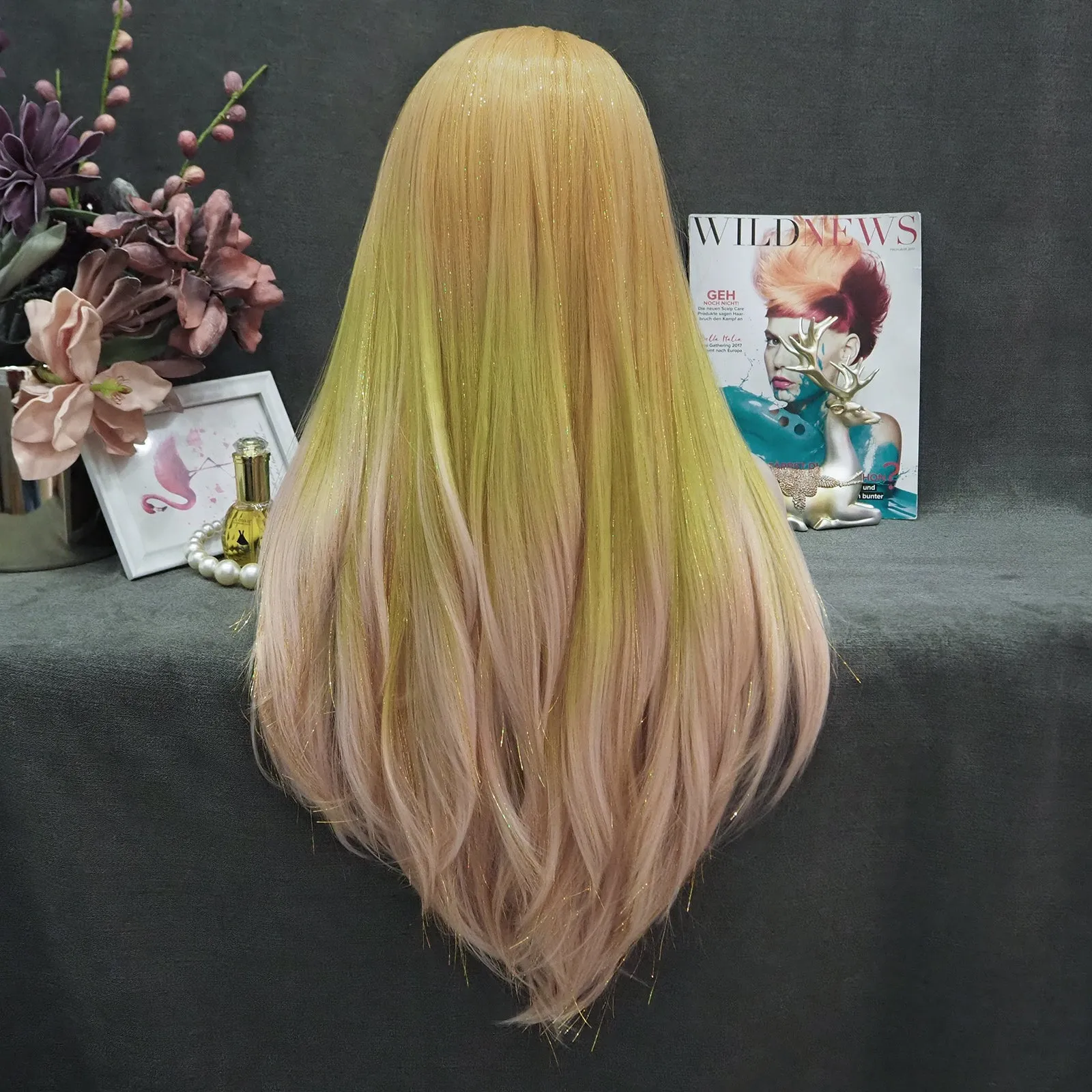 Arianna - Blonde to Light Green Pink Ombre with Tinsel  Long straight Synthetic Lace Front Wig