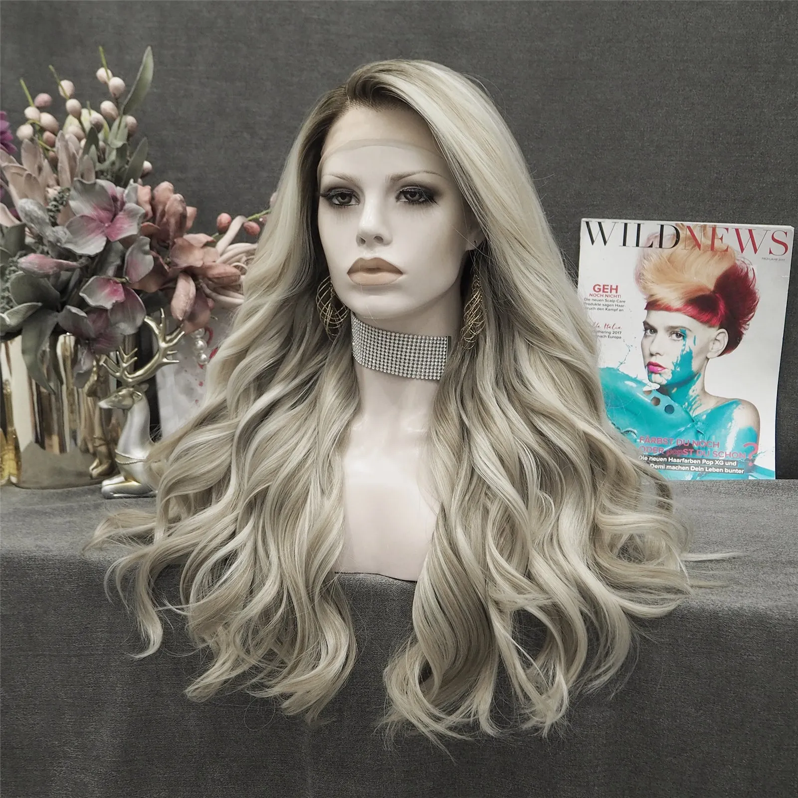 Ashely-Ombre dark blonde loose curly synthetic lace front wigs