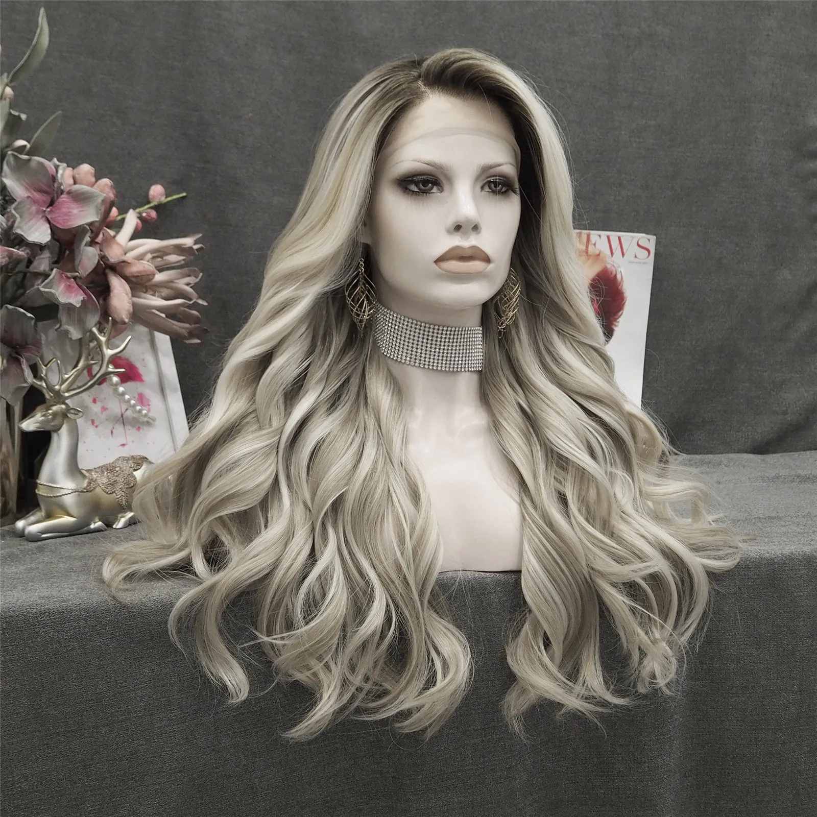 Ashely-Ombre dark blonde loose curly synthetic lace front wigs