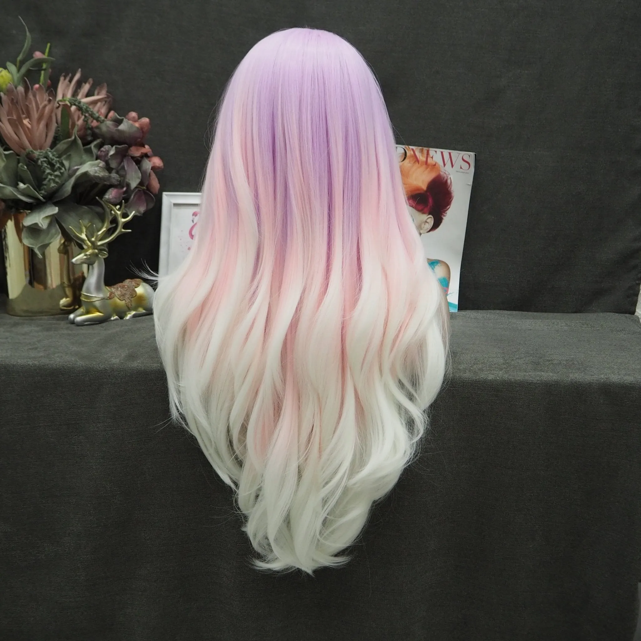 City Star - New Pastel Pink Ombre Noctilucent Long Synthetic Lace Front Party Wigs