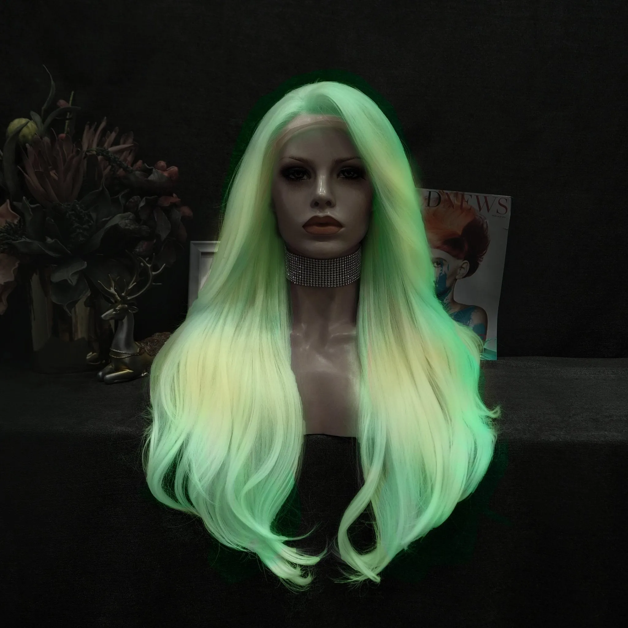 City Star - New Pastel Pink Ombre Noctilucent Long Synthetic Lace Front Party Wigs