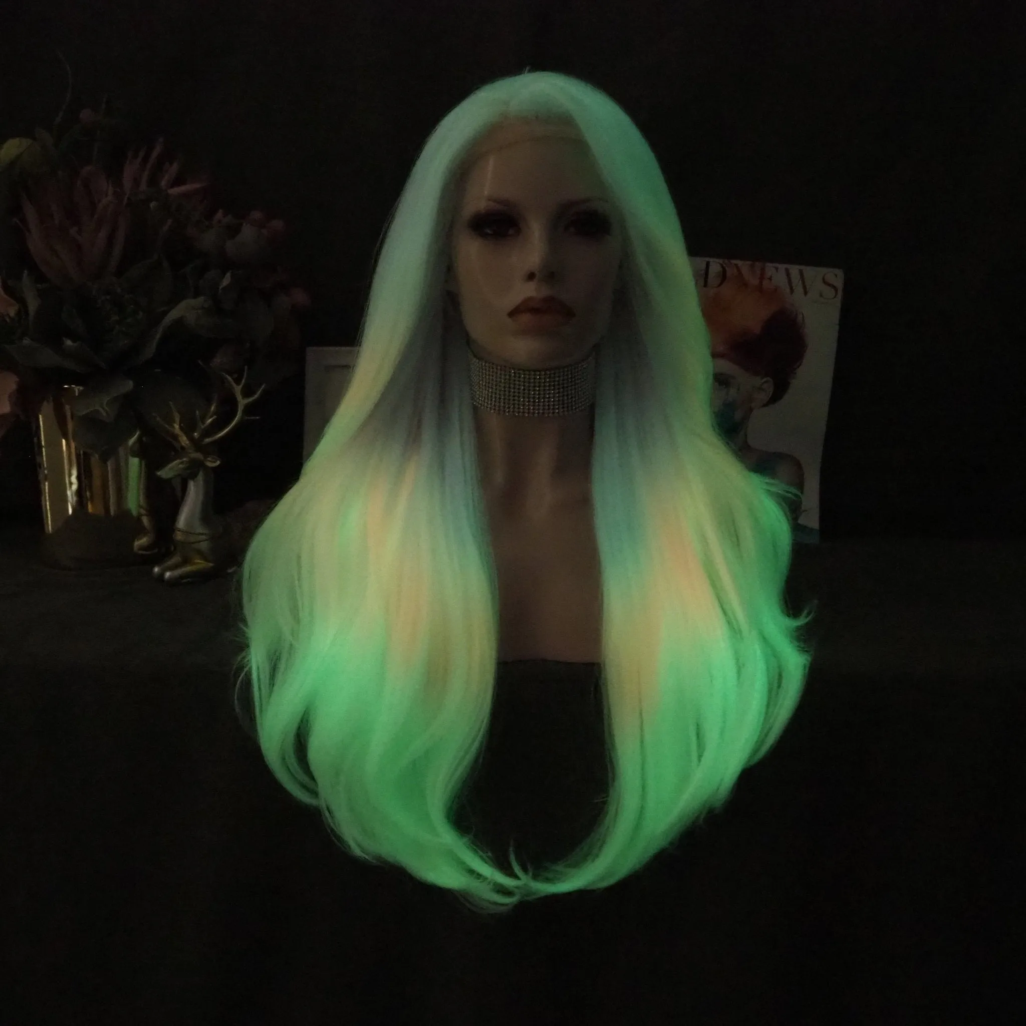 City Star - New Pastel Pink Ombre Noctilucent Long Synthetic Lace Front Party Wigs