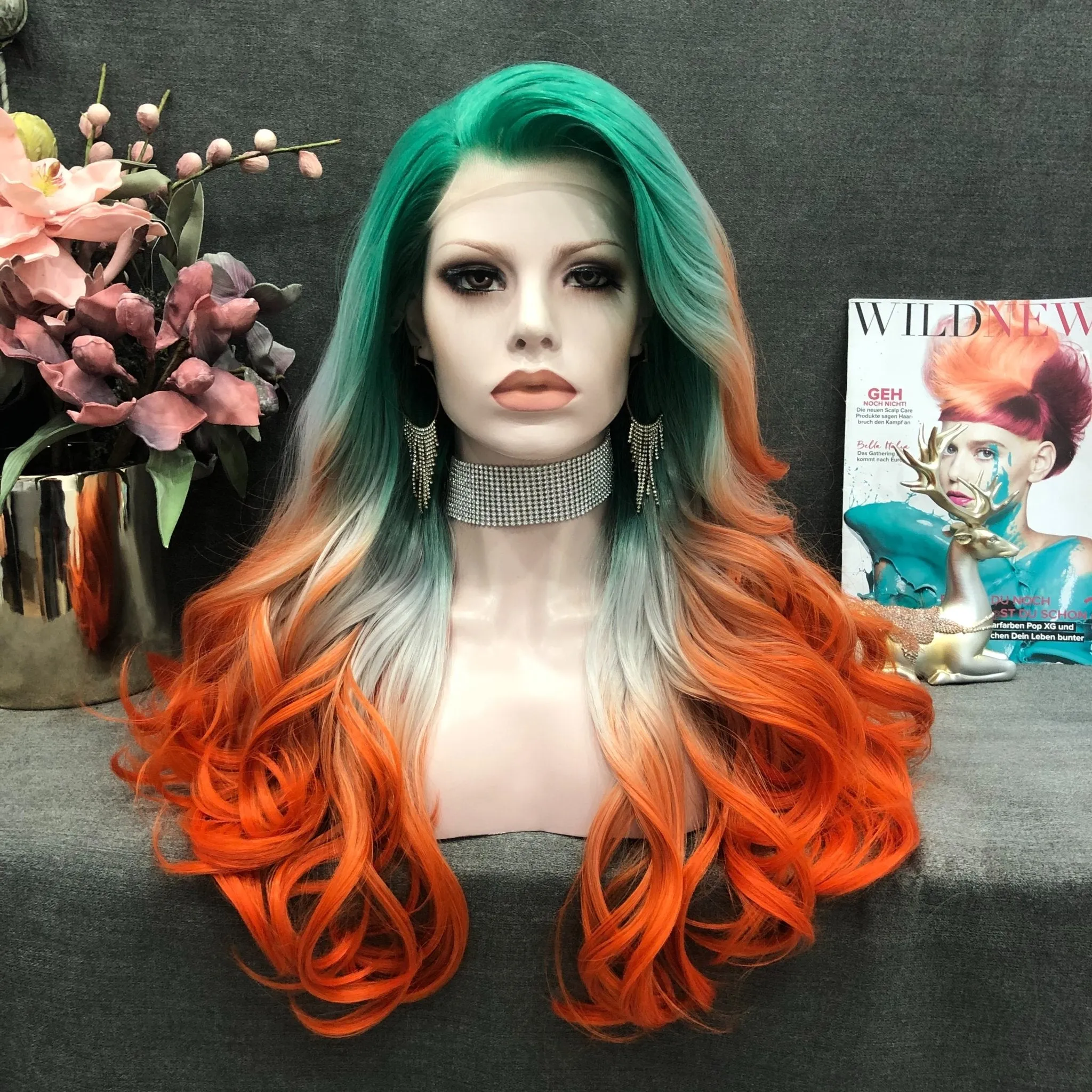 Cocktail - Green & Orange Ombre Long Wavy Synthetic Lace Front Wig