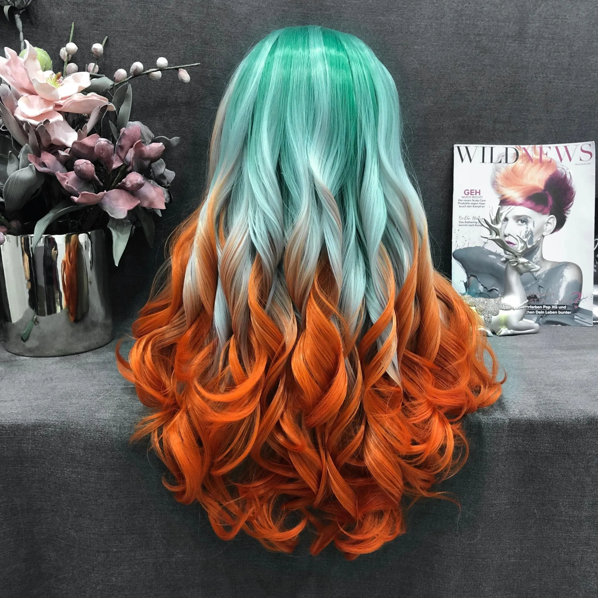 Cocktail - Green & Orange Ombre Long Wavy Synthetic Lace Front Wig