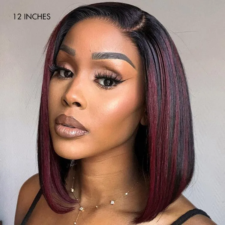 Dark Red Highlights Silky Blunt Cut C Part Glueless Minimalist HD Lace Bob Wig Beginner Friendly