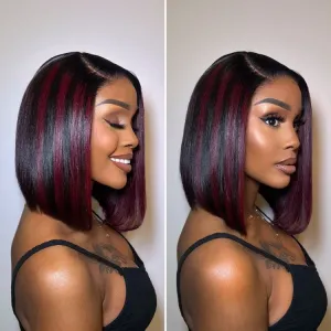 Dark Red Highlights Silky Blunt Cut C Part Glueless Minimalist HD Lace Bob Wig Beginner Friendly