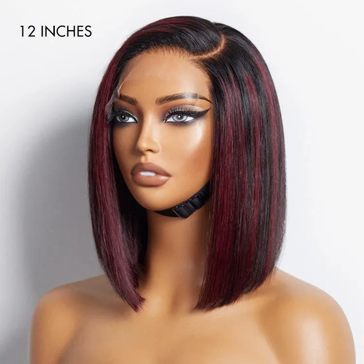 Dark Red Highlights Silky Blunt Cut C Part Glueless Minimalist HD Lace Bob Wig Beginner Friendly