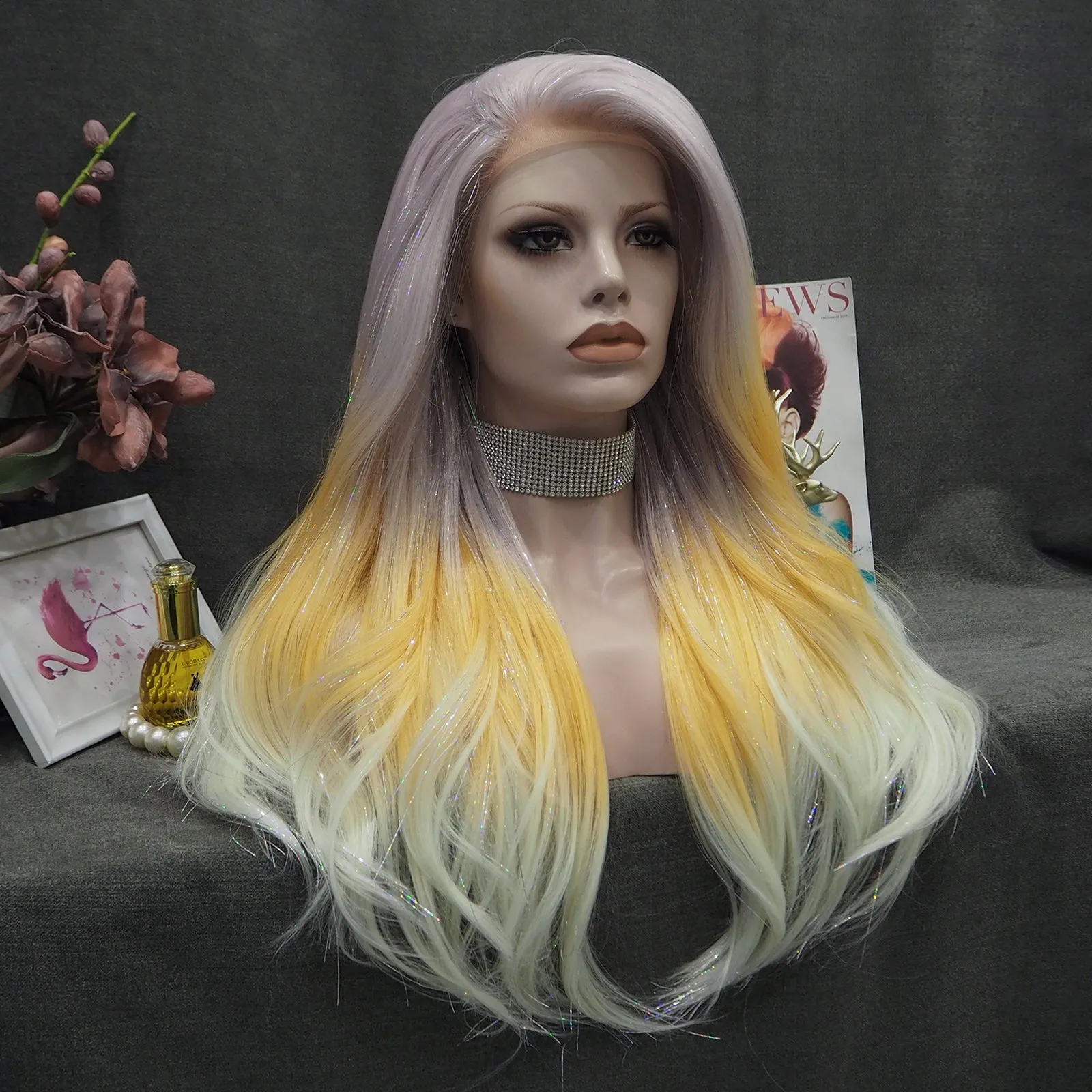 Demi - Light Pink to Blonde Cyan Ombre with Tinsel  Long Straight Synthetic Lace Front Wig