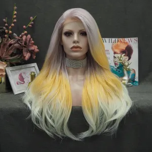 Demi - Light Pink to Blonde Cyan Ombre with Tinsel  Long Straight Synthetic Lace Front Wig