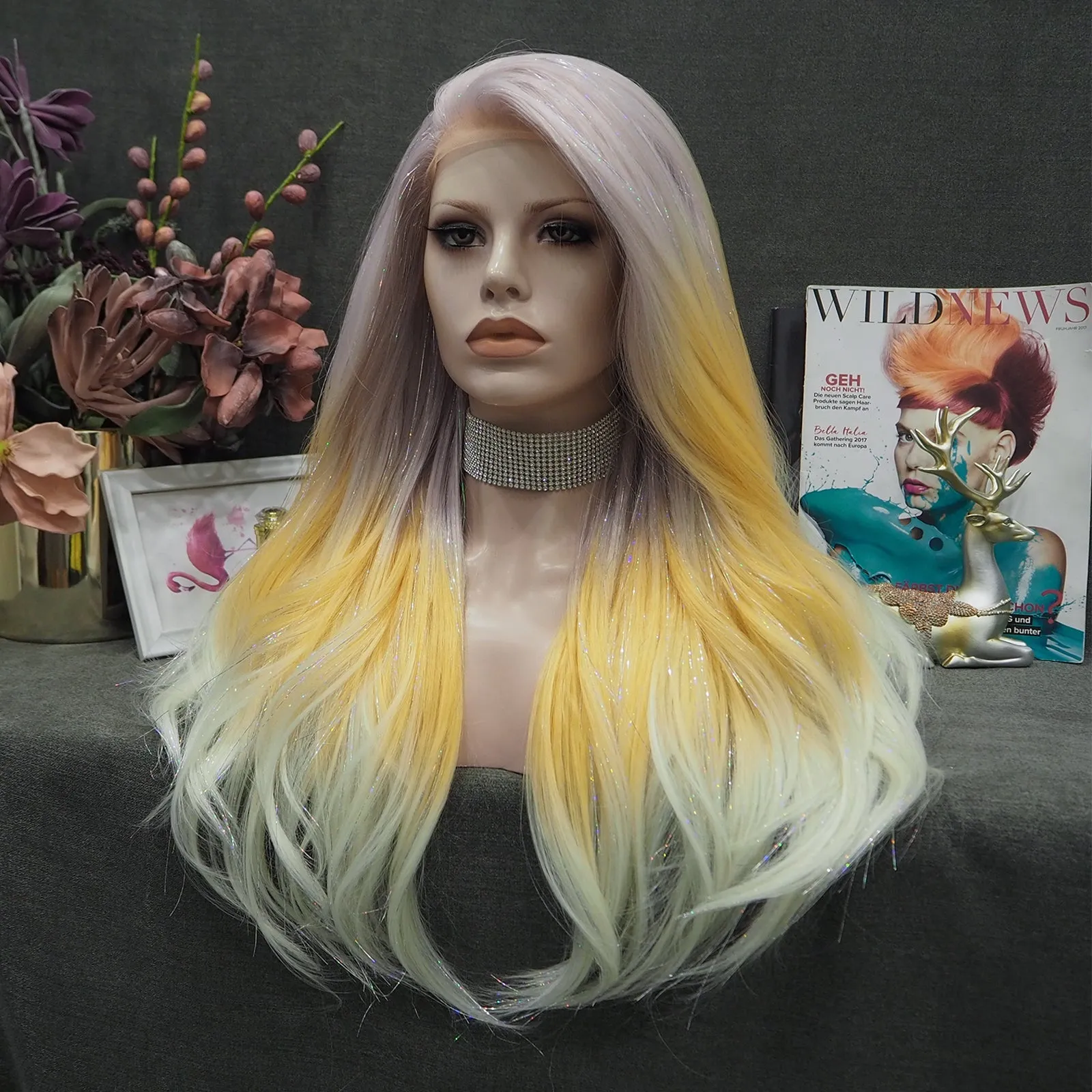 Demi - Light Pink to Blonde Cyan Ombre with Tinsel  Long Straight Synthetic Lace Front Wig