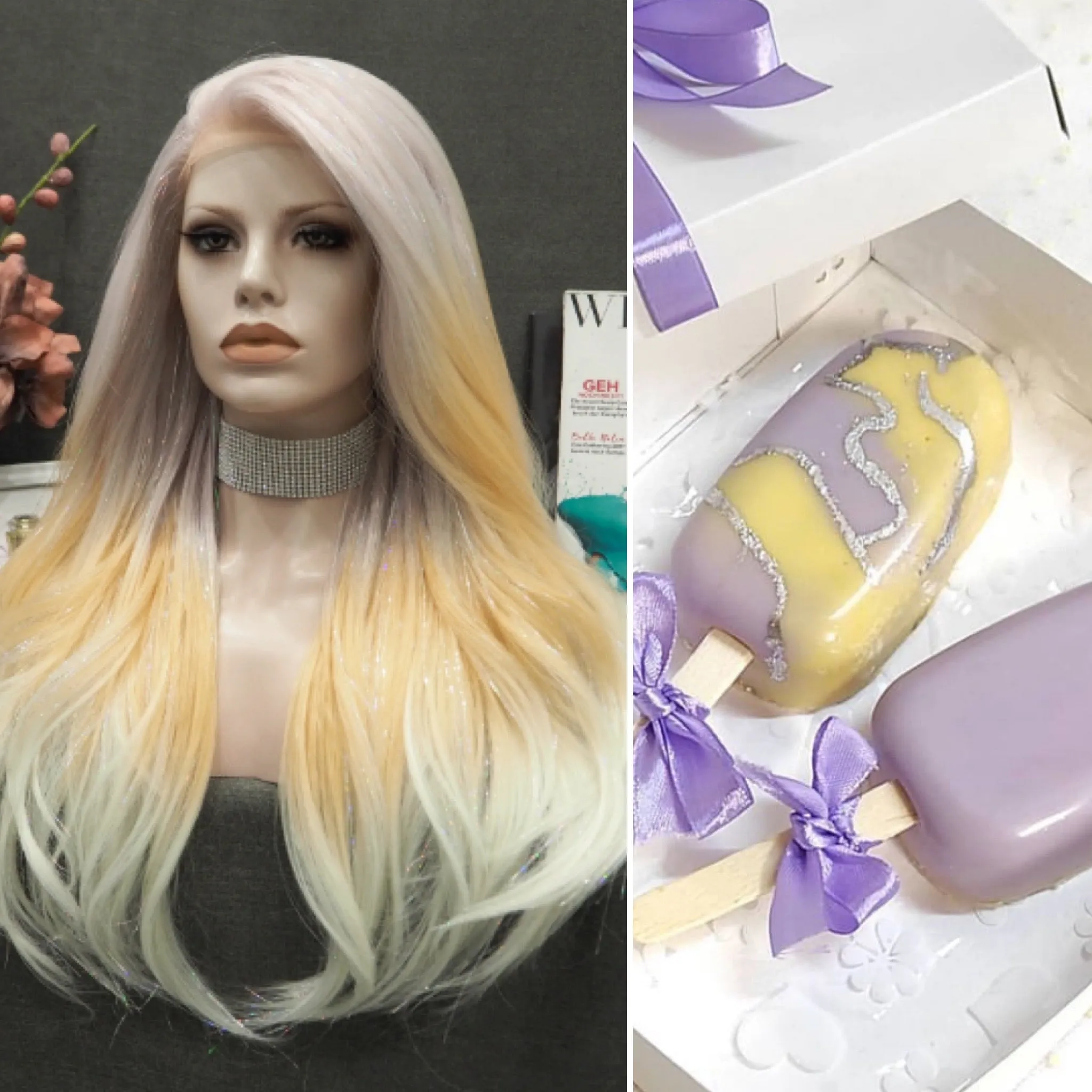 Demi - Light Pink to Blonde Cyan Ombre with Tinsel  Long Straight Synthetic Lace Front Wig