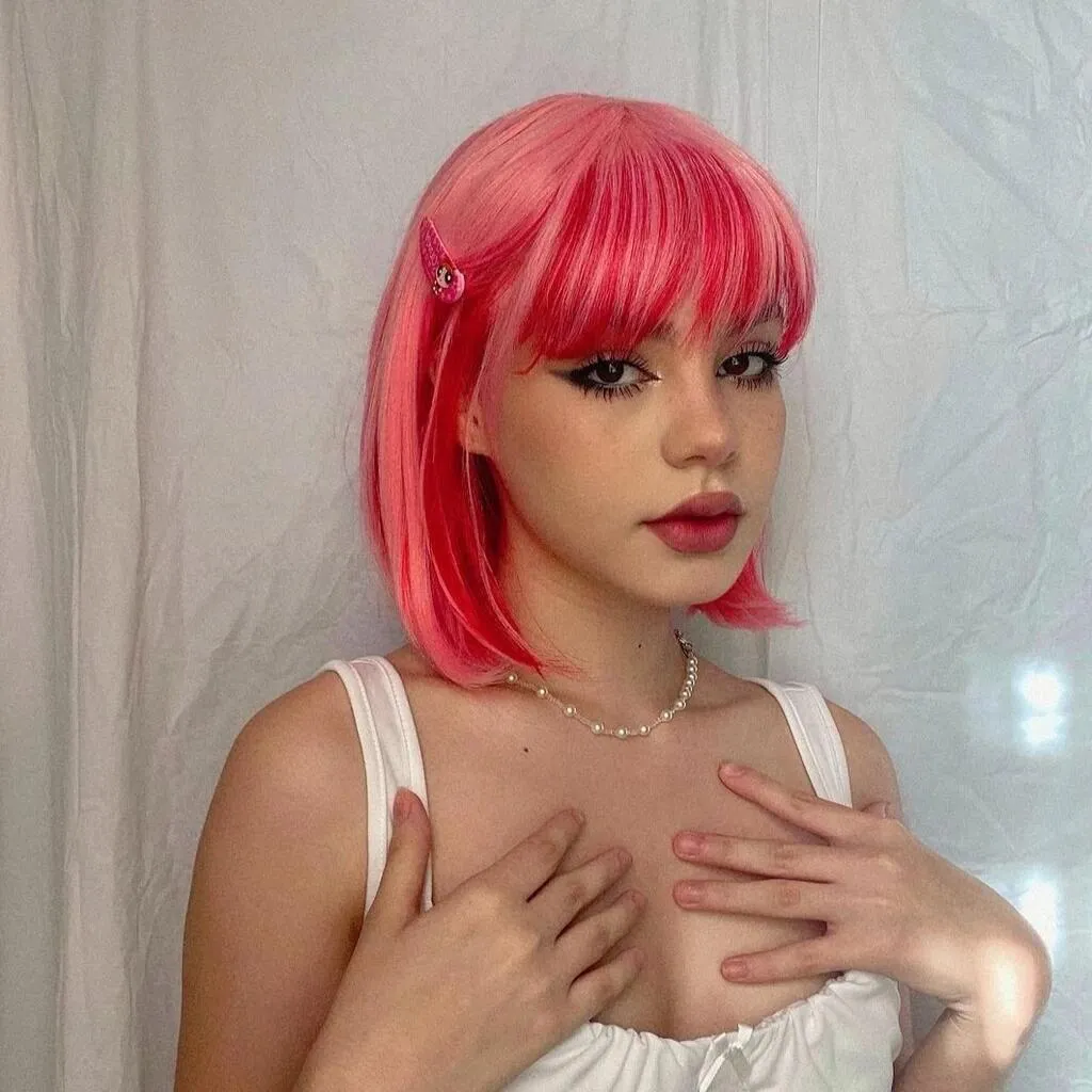 Grapefruit -Pink With Hot Pink Hidden Short Bob Synthetic Imstyle Wig With Bangs