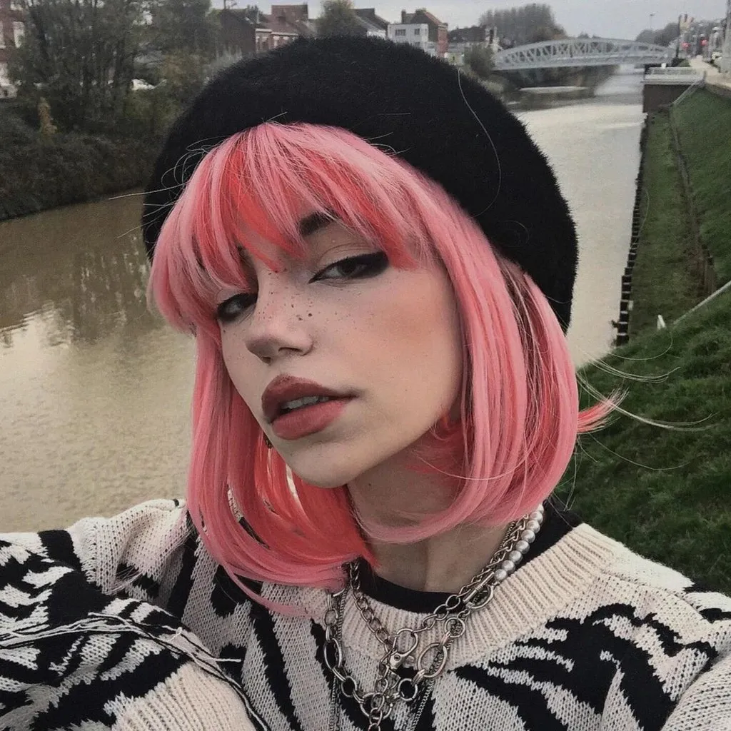 Grapefruit -Pink With Hot Pink Hidden Short Bob Synthetic Imstyle Wig With Bangs