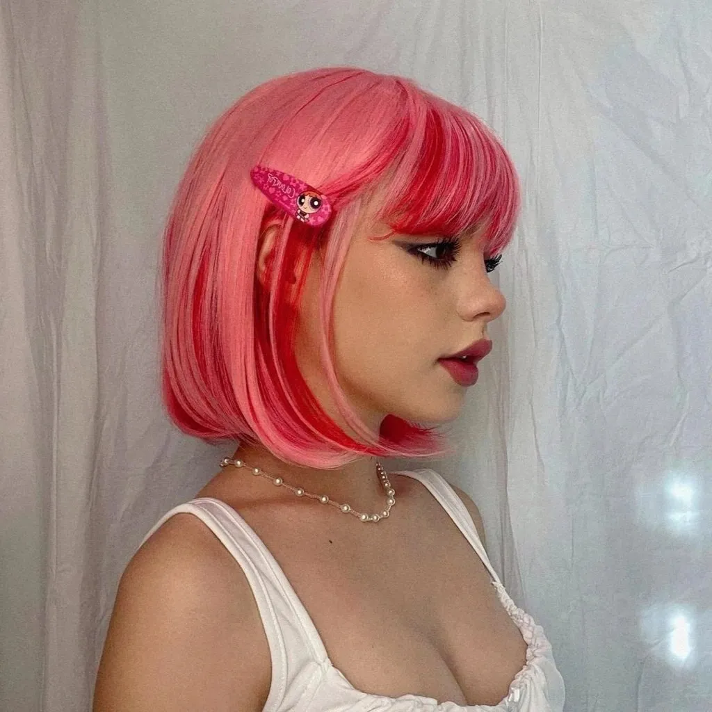 Grapefruit -Pink With Hot Pink Hidden Short Bob Synthetic Imstyle Wig With Bangs