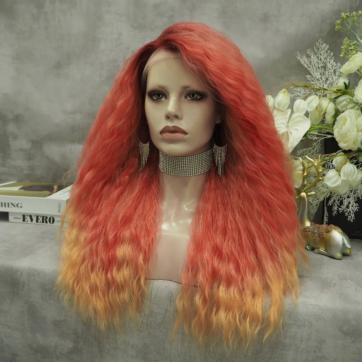 Ombre Orange Wig Curly Synthetic Lace Front Wig