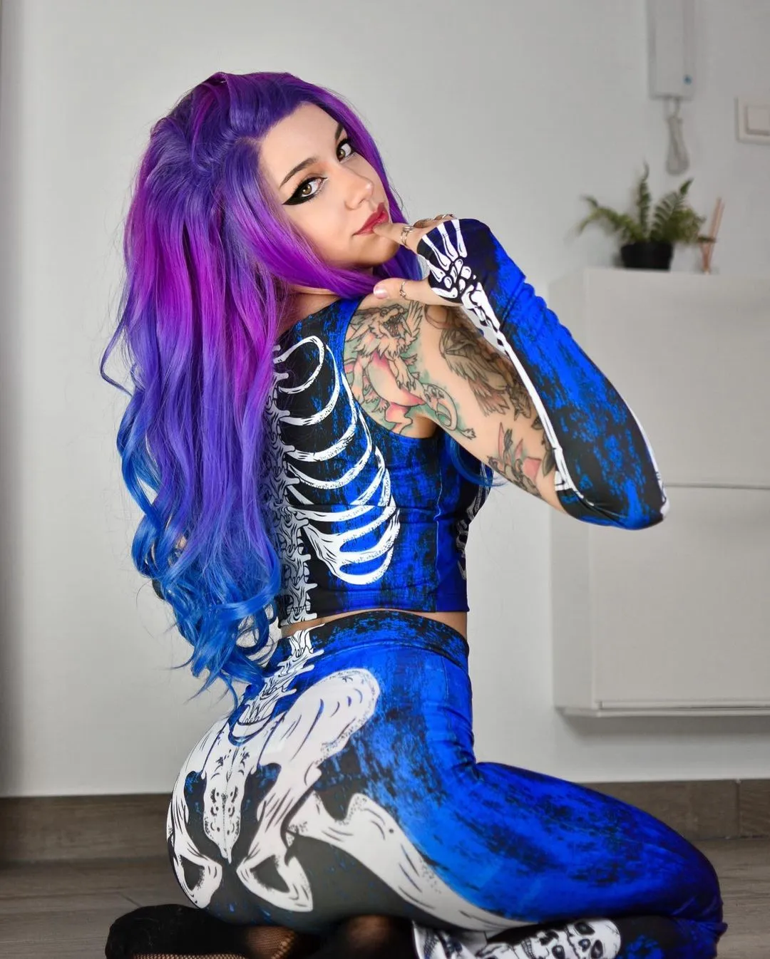 Queen-Purple And Blue Ombre Long Wave Lace Front Synthetic Wig