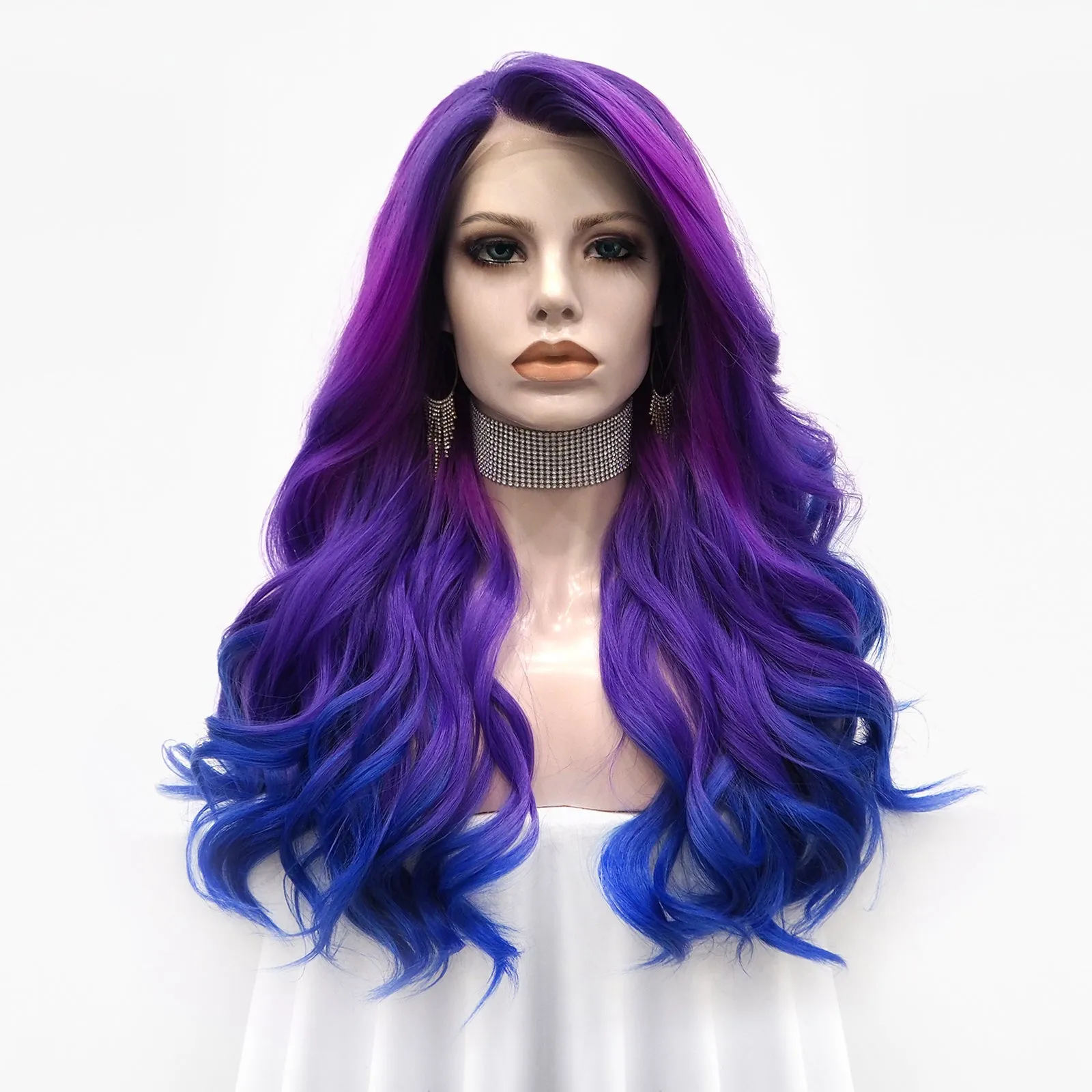 Queen-Purple And Blue Ombre Long Wave Lace Front Synthetic Wig