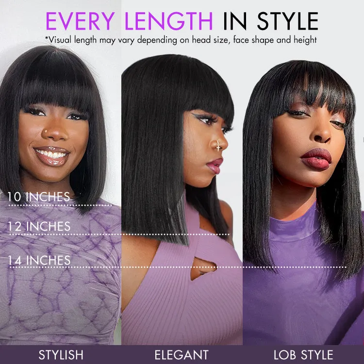 Reddish Purple Realistic Glueless Yaki Straight Bob with Bangs Minimalist Lace Bob Wig Put on & Go