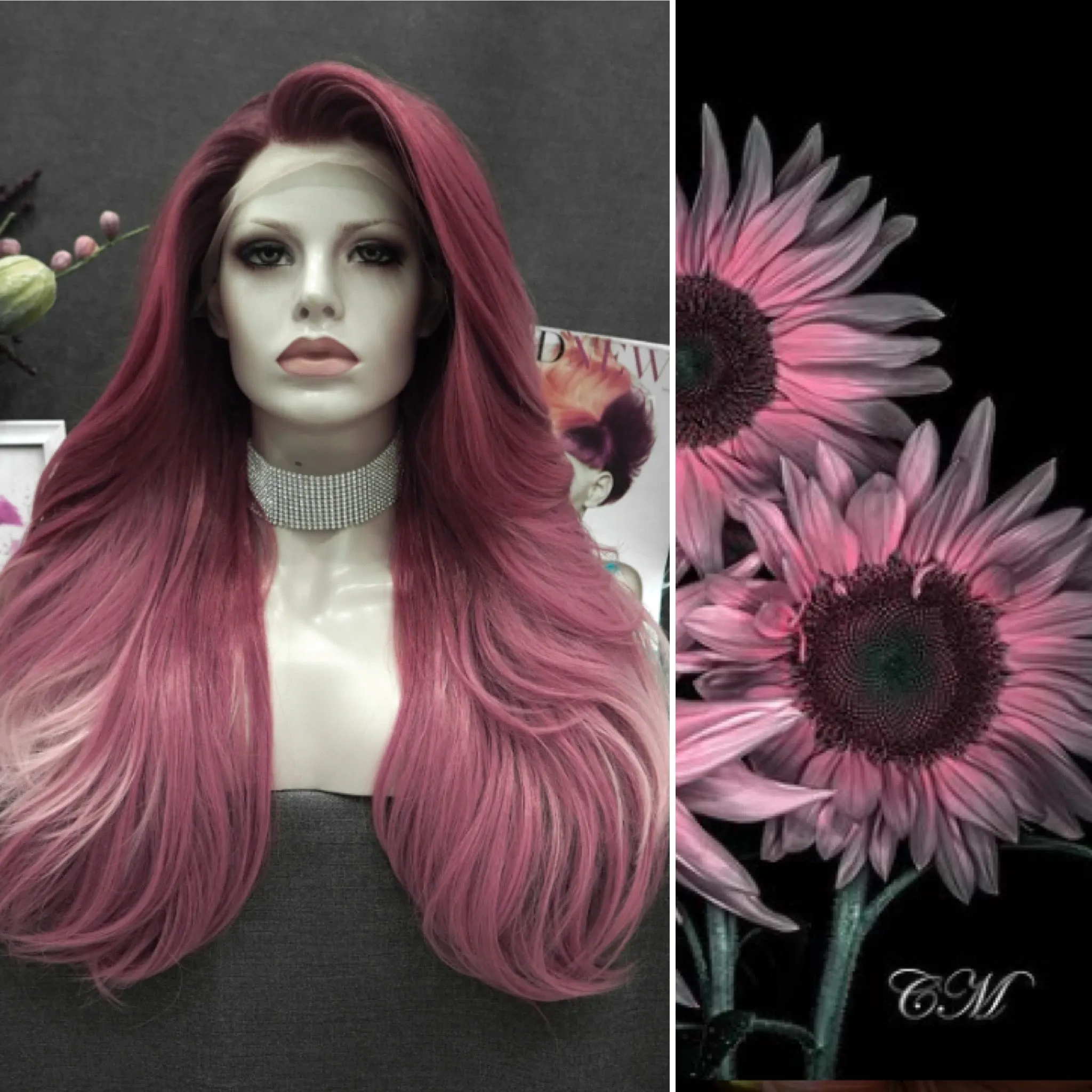 Rose Pink Ombre Long Loose Wave Synthetic Lace Front Wig
