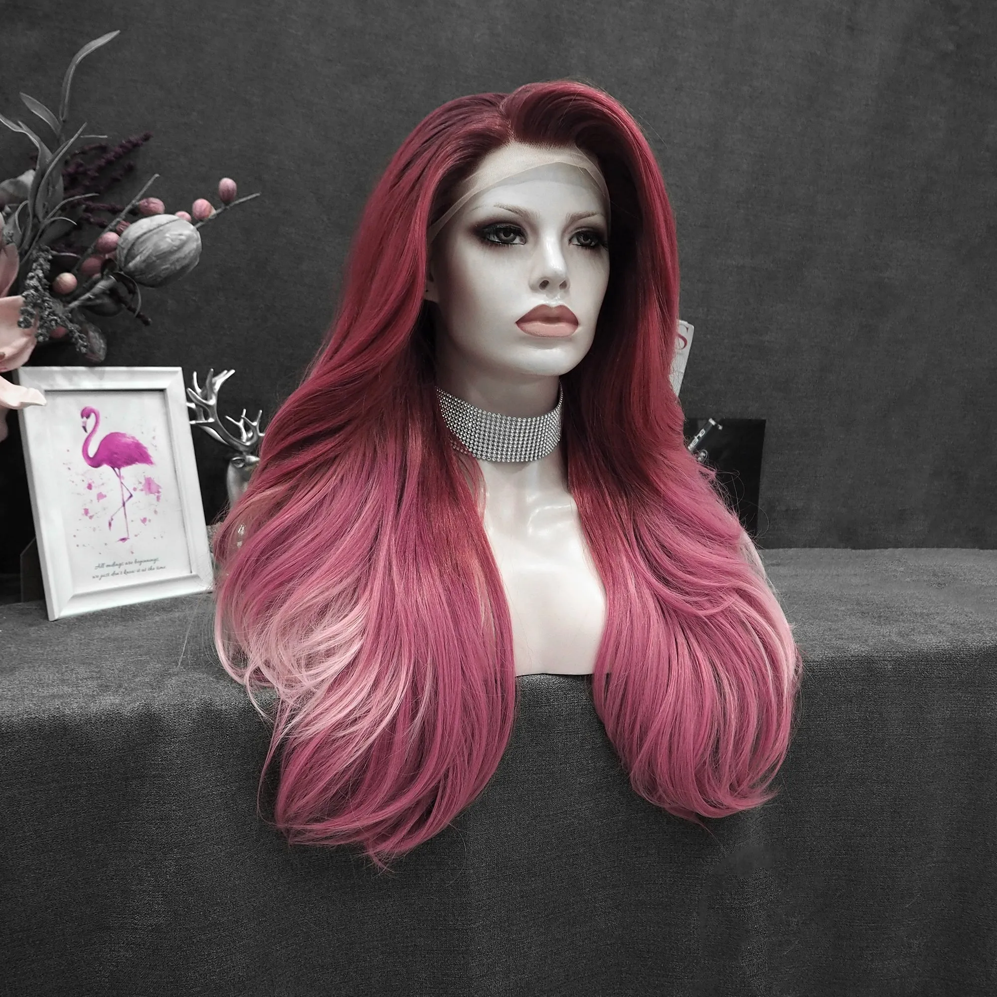 Rose Pink Ombre Long Loose Wave Synthetic Lace Front Wig