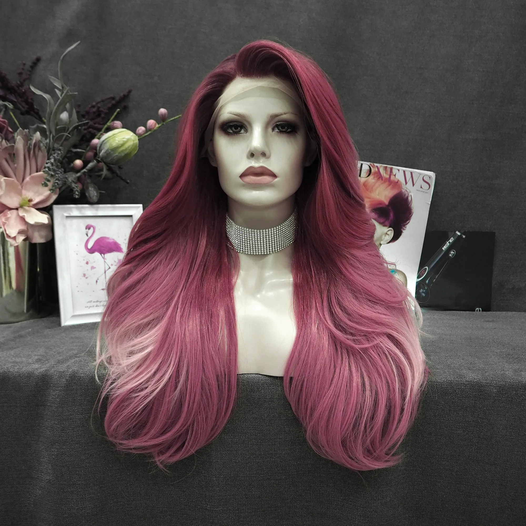 Rose Pink Ombre Long Loose Wave Synthetic Lace Front Wig