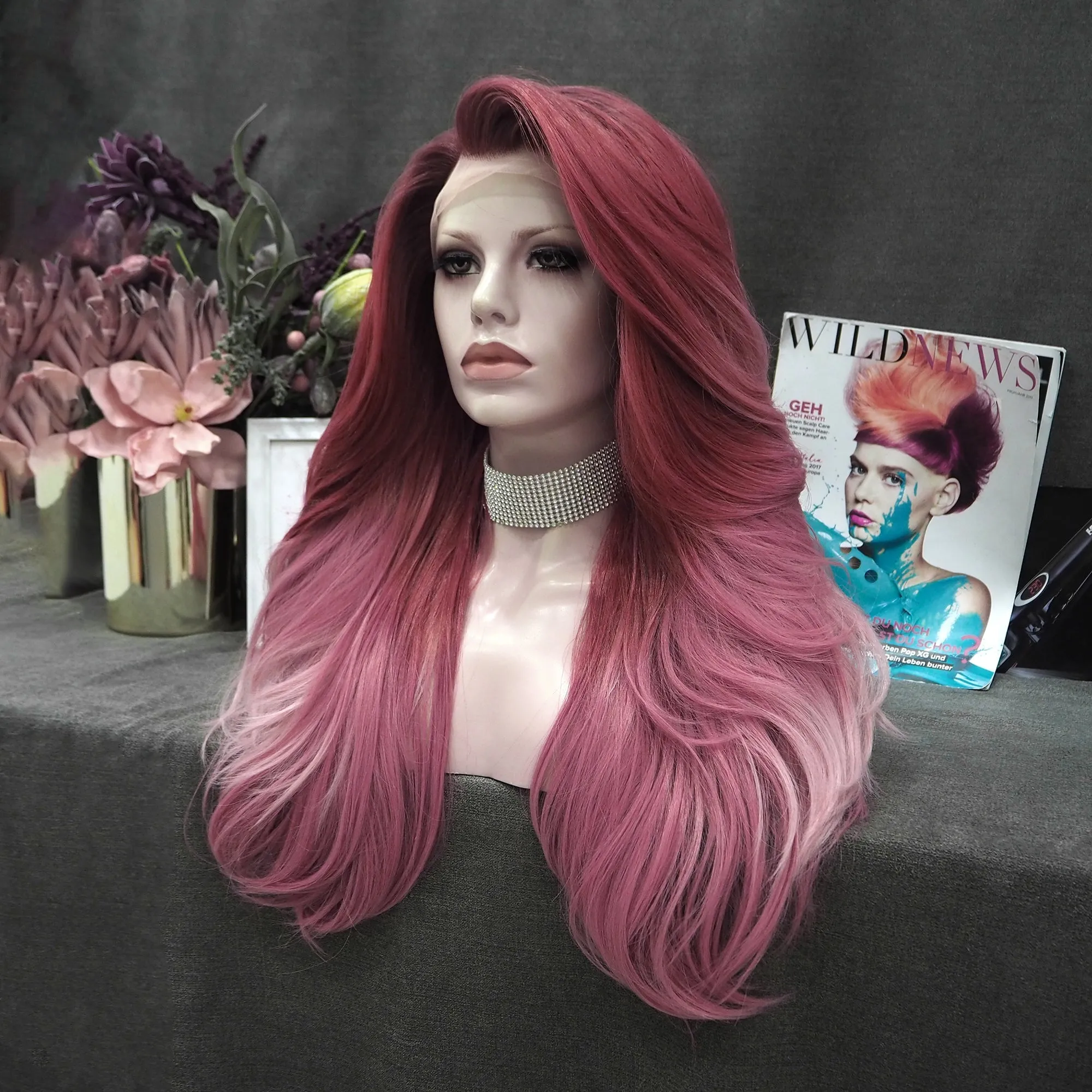 Rose Pink Ombre Long Loose Wave Synthetic Lace Front Wig