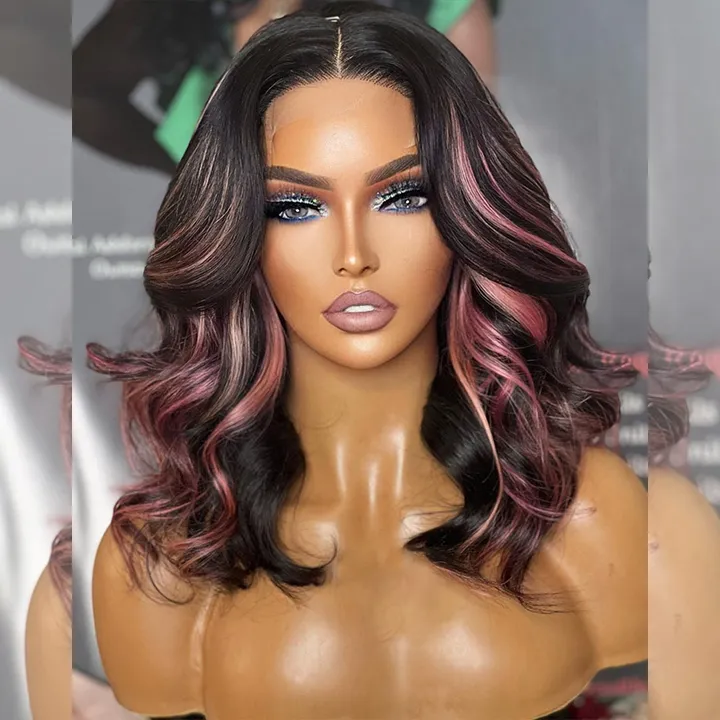 Tuneful Pink Highlight Colored Body Wave 13x6 Lace Front 6x5 Wear Go Human Hair Wigs